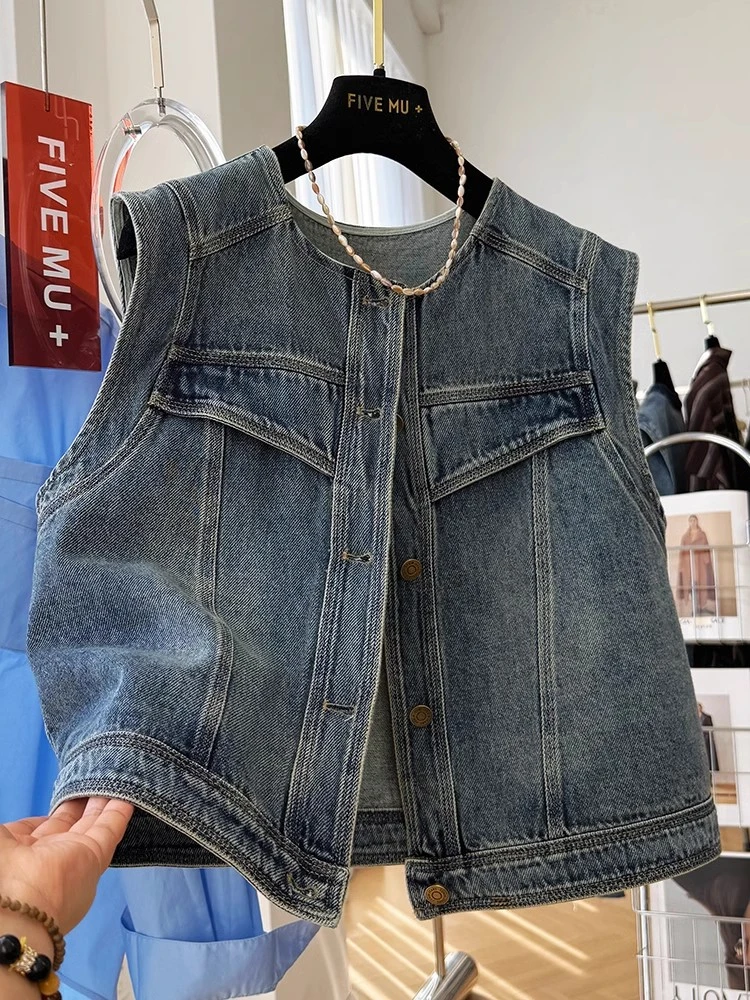 2025超火圆领休闲牛仔马甲背心女春秋无袖坎肩外套叠穿超好看上衣