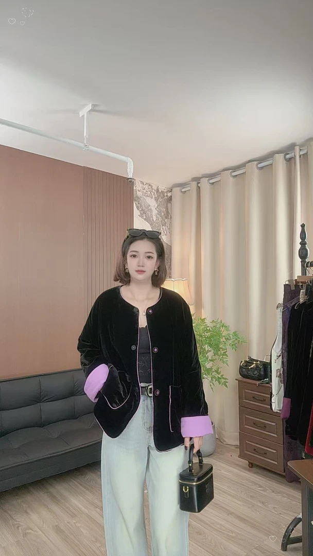 真丝丝绒棉服女士女款单排扣新中式新款外套长袖保暖女短款2025