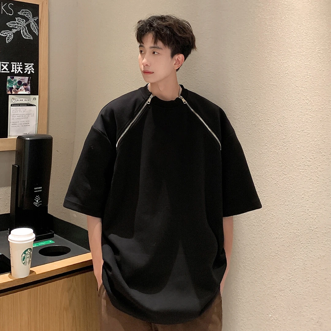 1港风美式双拉链设计T恤大码M-5XL情侣短袖T恤男DT77098