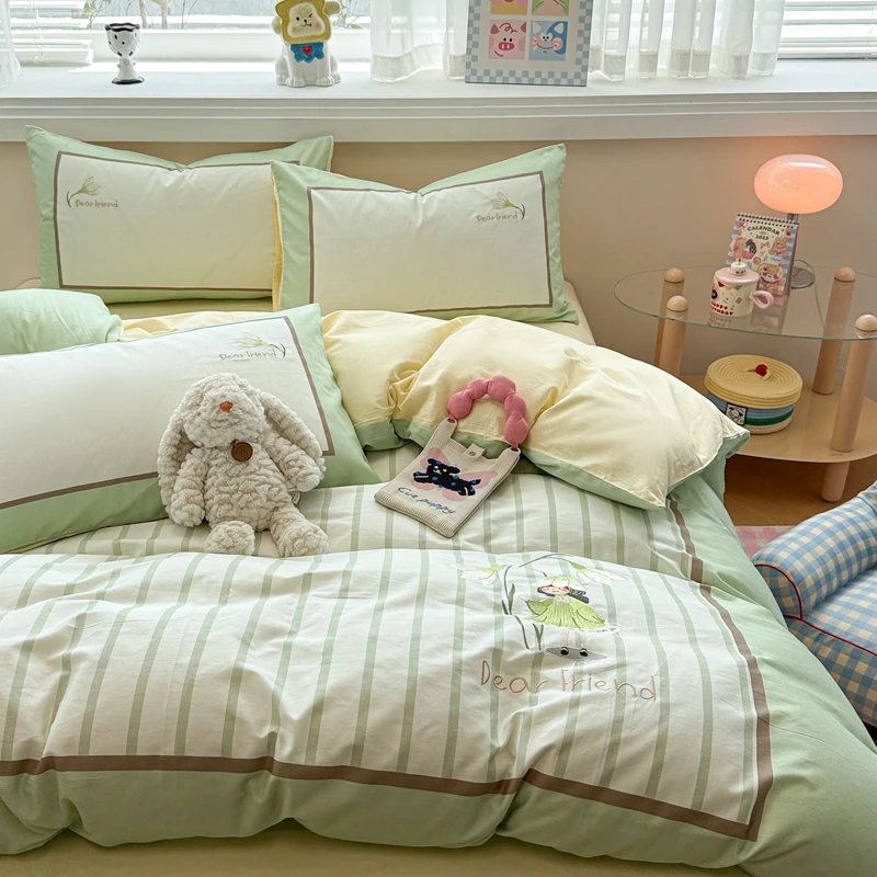 小清新可爱女孩刺绣床上四件套纯棉100%全棉被套床单床笠四季通用