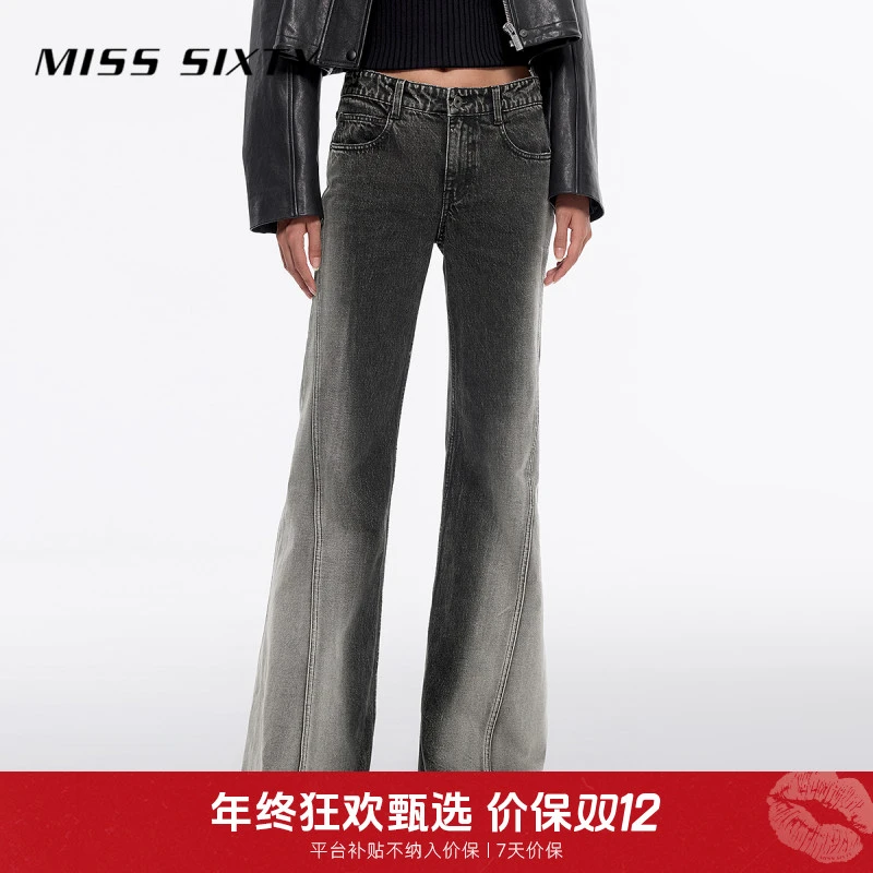Miss Sixty新款牛仔裤女复古磨白做旧微喇裤显瘦百搭