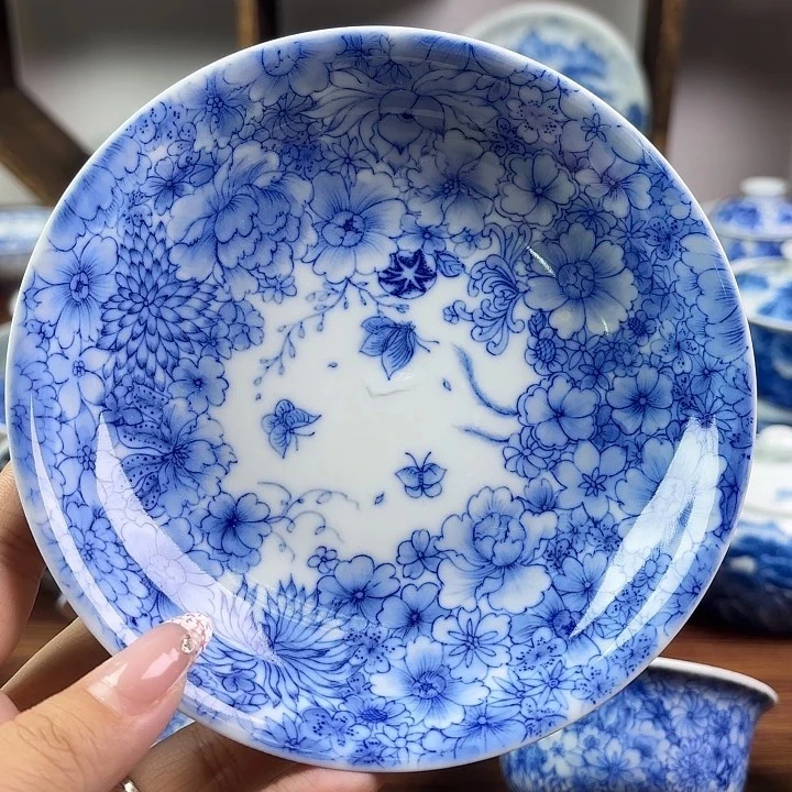 景德镇手绘青花轻奢万花高档不烫手陶瓷手工壶承