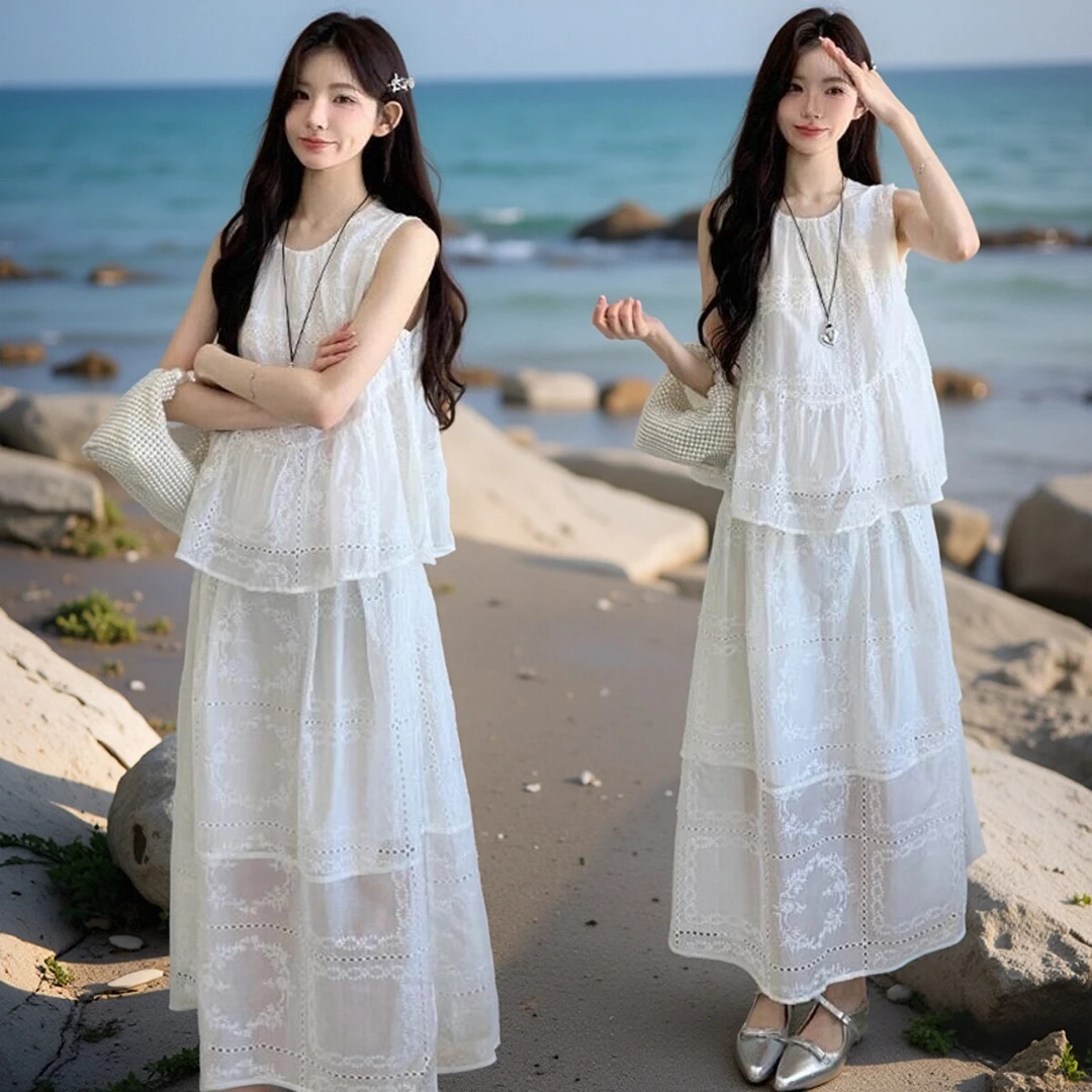 孕妇装2025夏季新款法式小个子娃娃衫无袖上衣宽松镂空半身裙套装