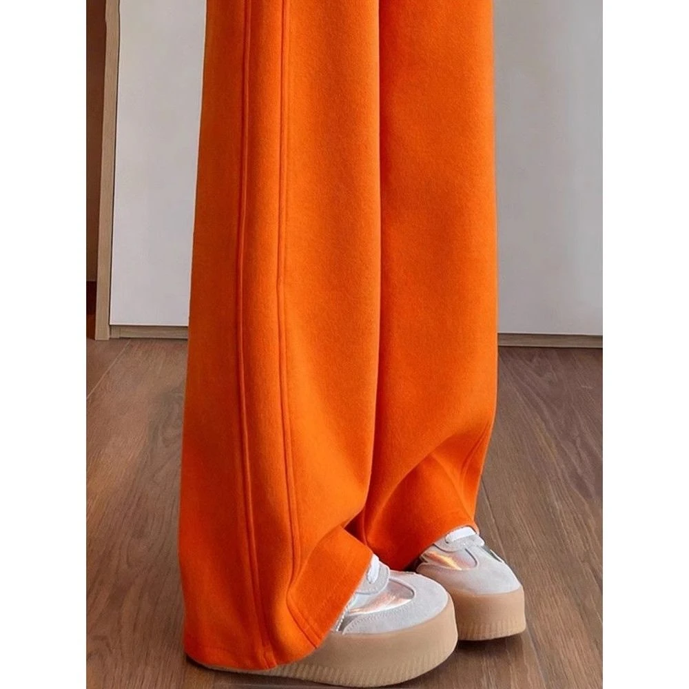 橘色气质垂感慵懒休闲裤子女2025秋冬季新款窄版加绒直筒阔腿裤