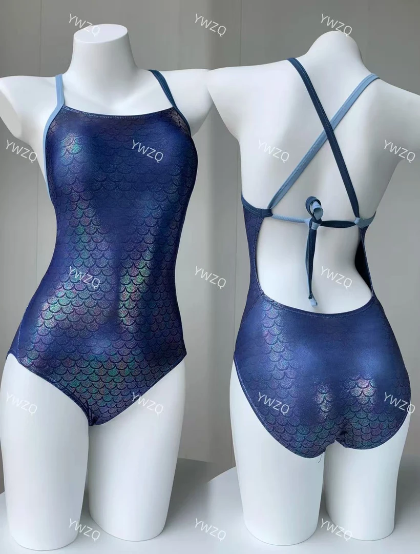 <YWZQ>流光鳞新款绑带女士专业竞速连体三角泳衣鱼鳞花纹包臀显瘦