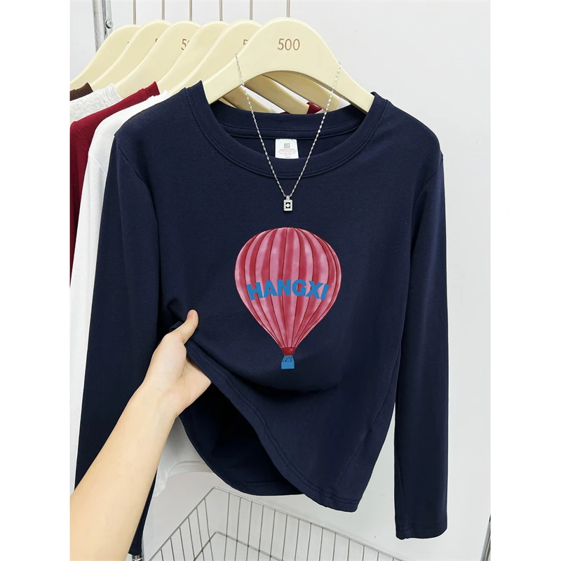 韩系热气球印花正肩长袖T恤女秋冬季新款时尚休闲百搭圆领打底衫