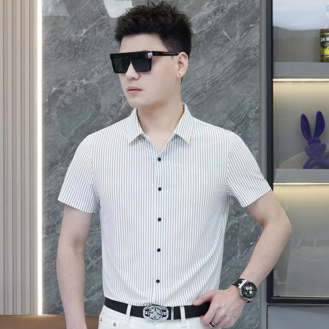 6518夏季男士修身条纹翻领短袖衬衫商务休闲高品质商务时尚衬衣