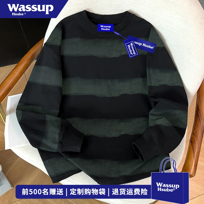 WASSUP HSUBE美式复古黑绿条ins潮牌长袖T恤男女百搭秋季休闲上衣