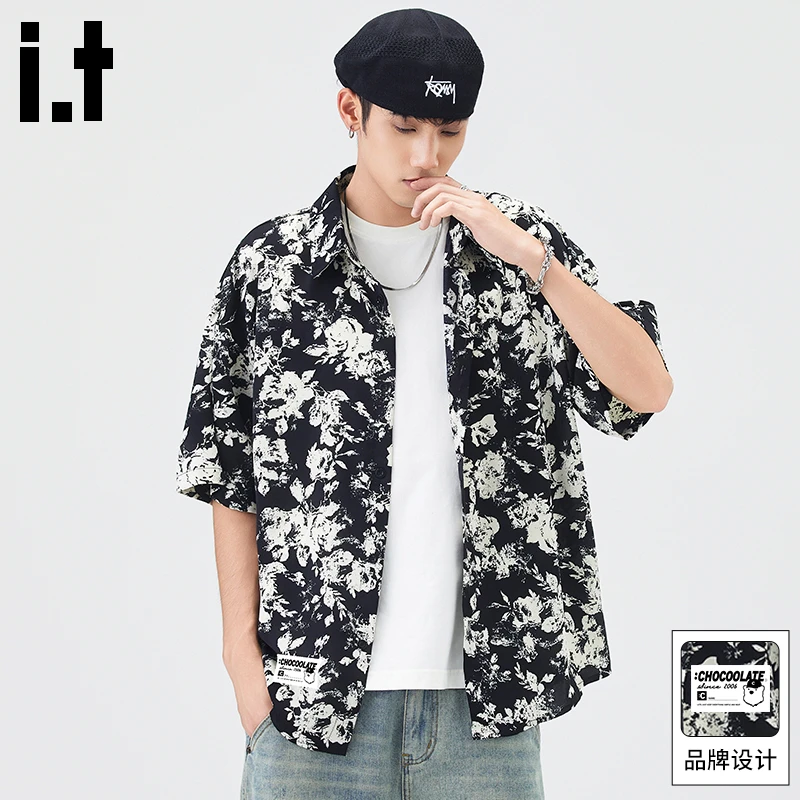 it :CHOCOOLATE碎花短袖衬衫男士2025夏季新款冰丝沙滩宽松花衬衫