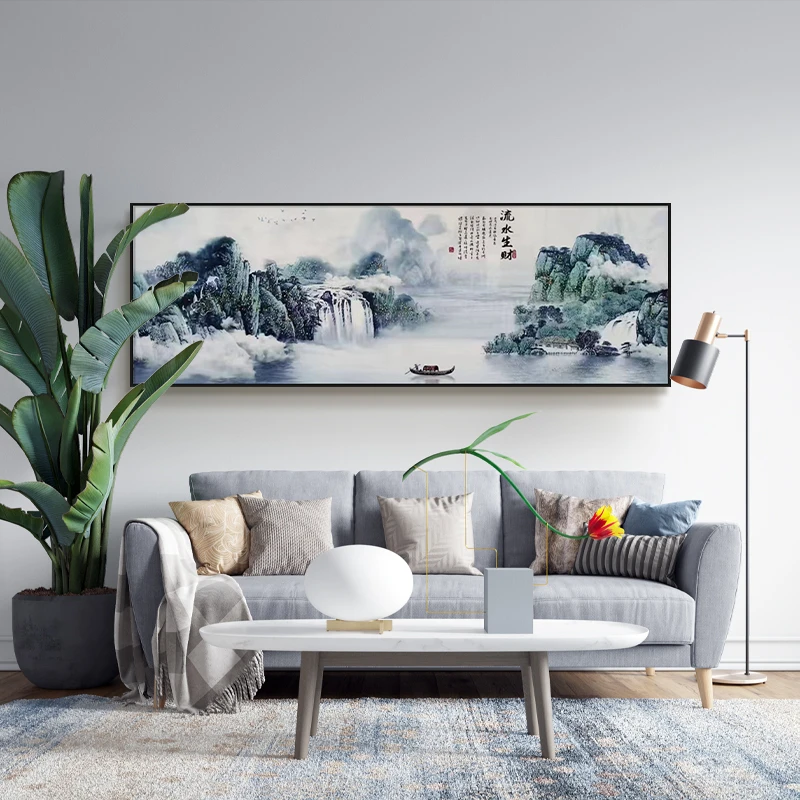 益师傅新款沙发背景墙装饰画现代中式镶钻流水生财挂画山水70200