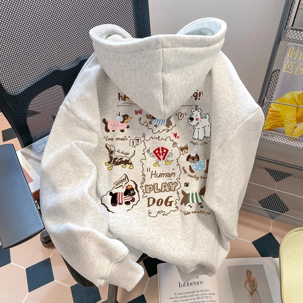 美式秋冬季腊肠狗印花抗起球男女潮流中性宽松银狐绒保暖连帽卫衣