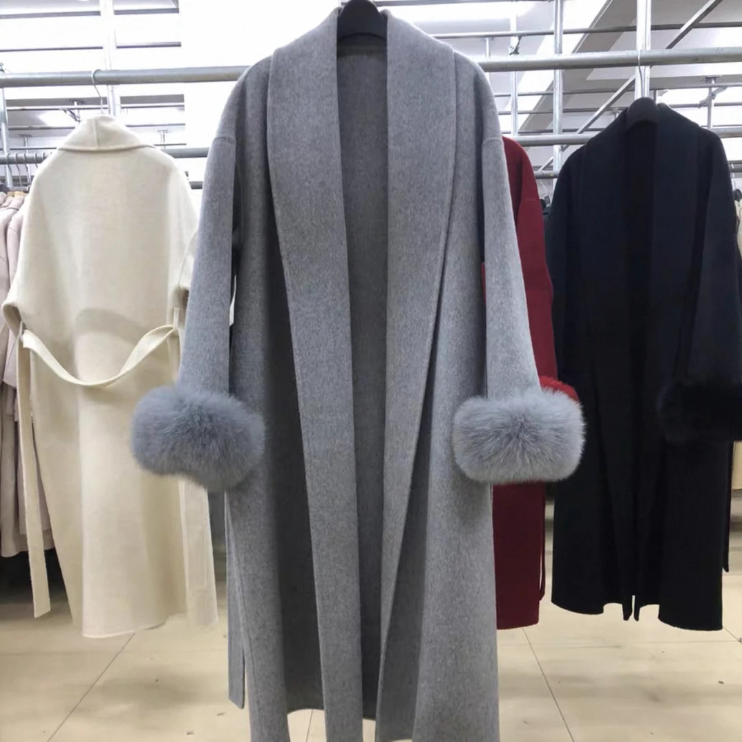 秋冬新款 双面手缝羊毛翻领大衣袖口狐狸毛可拆取宽松长外套女