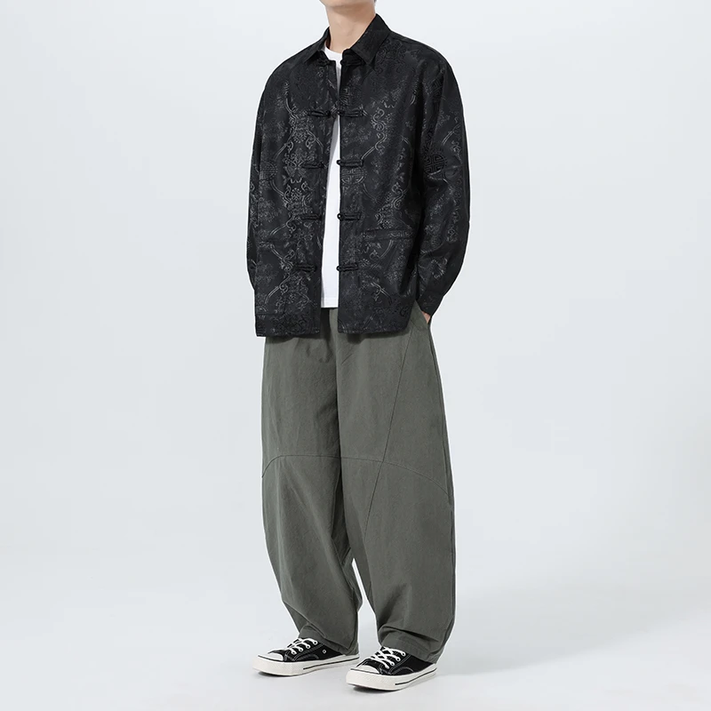 中国风暗纹提花黑色缎面衬衫男长袖新中式复古盘扣唐装宽松外套潮