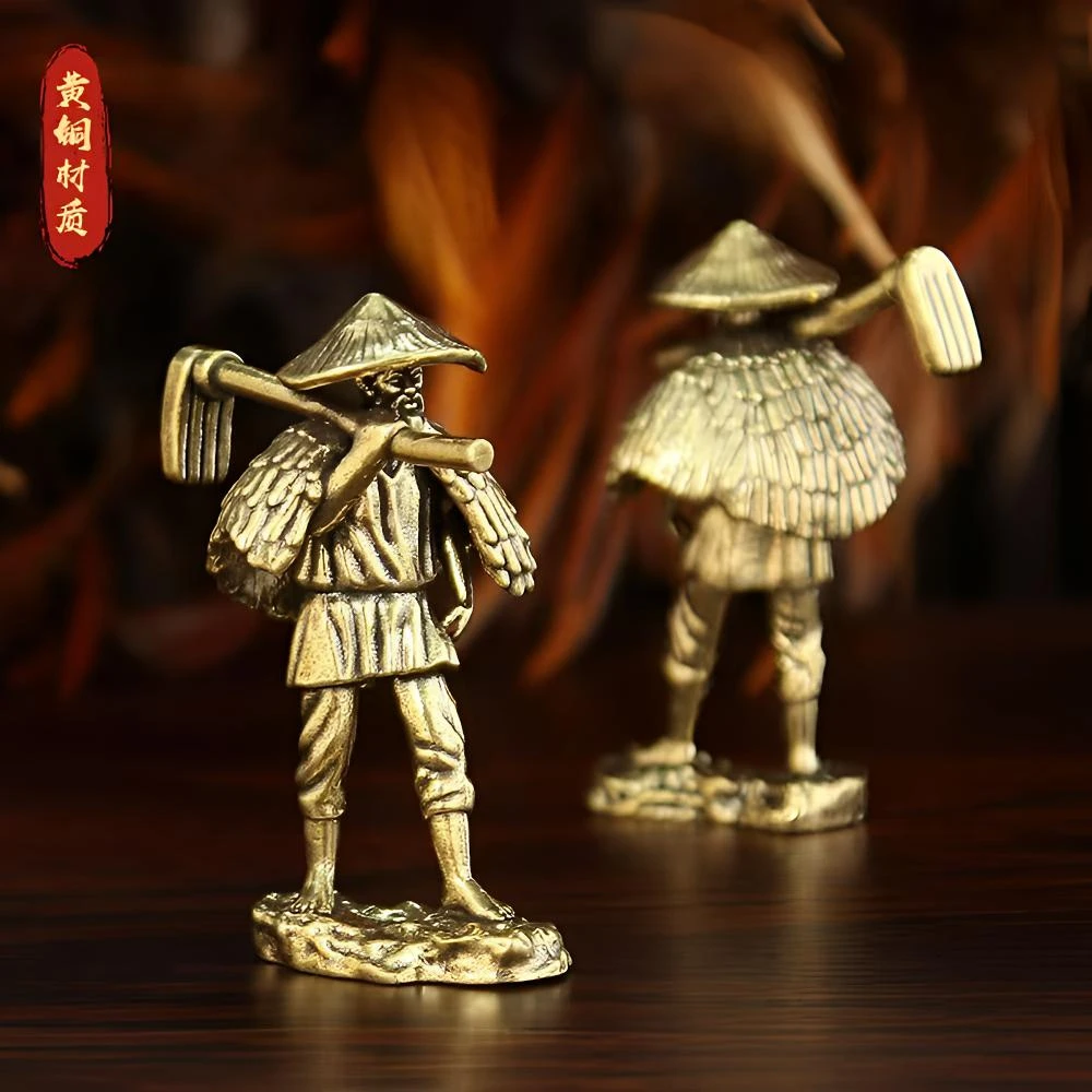蓑衣老人创意稻草人农夫耕耘摆件家居农夫锄地铜雕工艺品装饰摆件