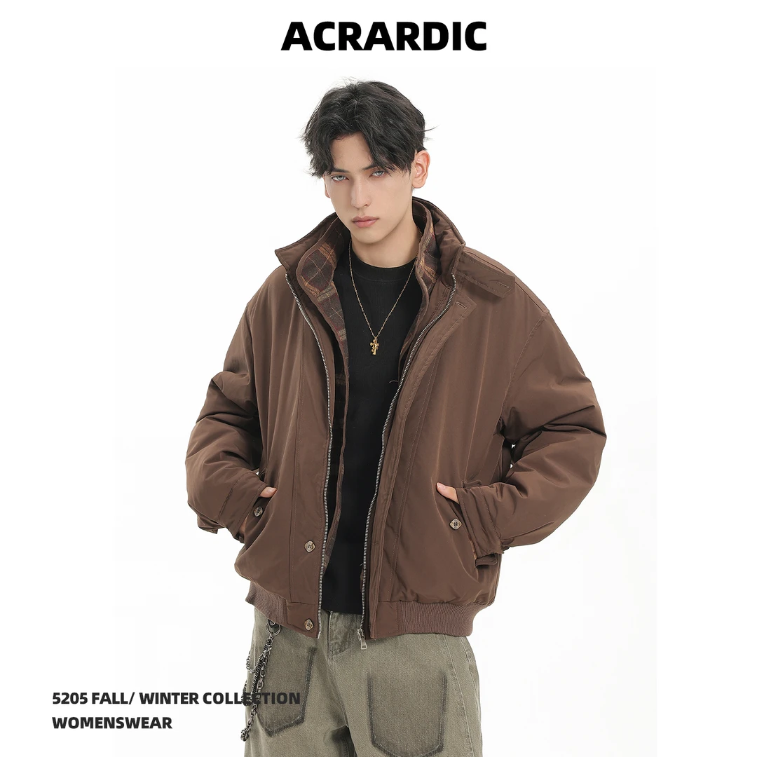 ACRARDIC冬季美式格纹假两件立领棉衣男复古老钱风保暖棉服外套潮