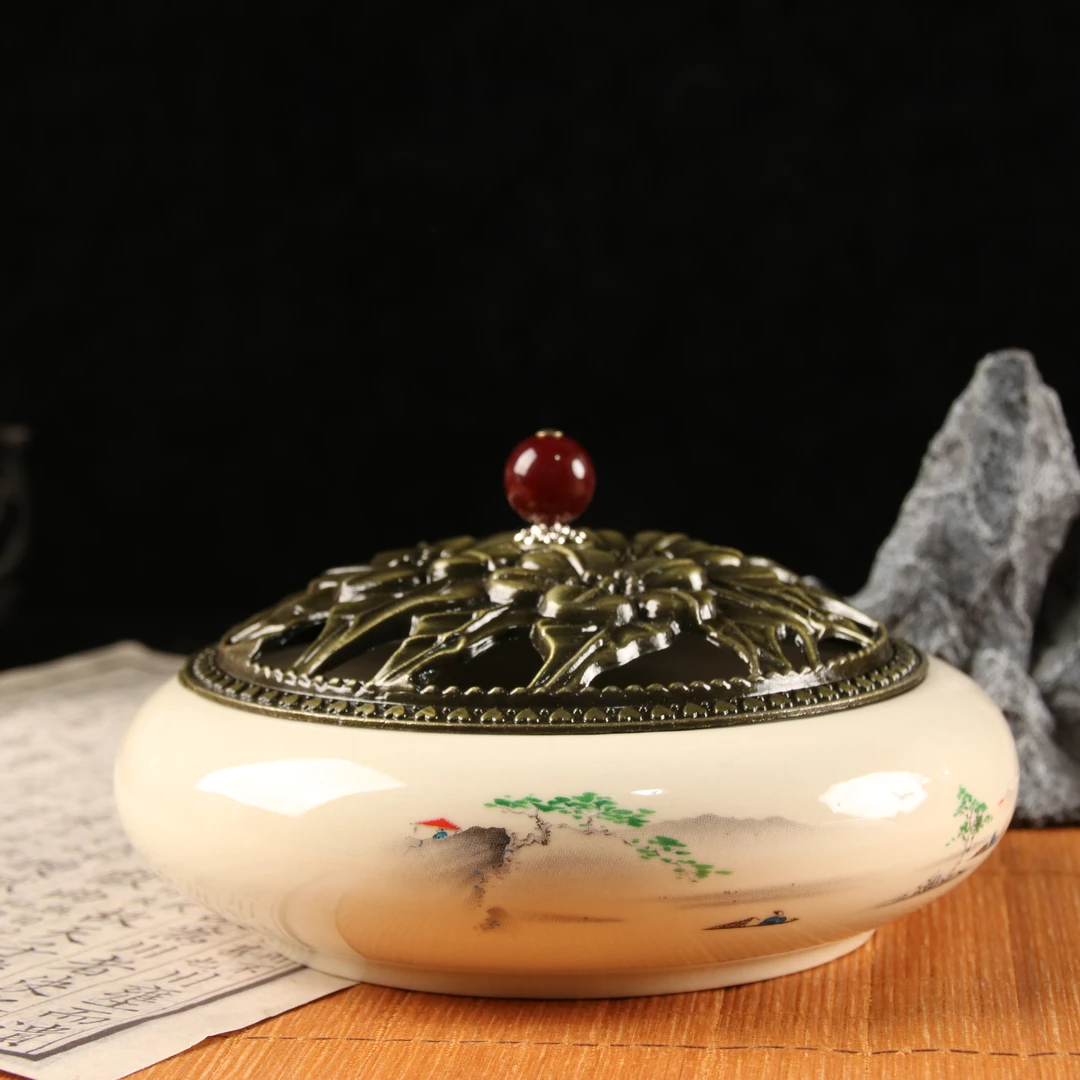 白色青树图大号陶瓷香炉