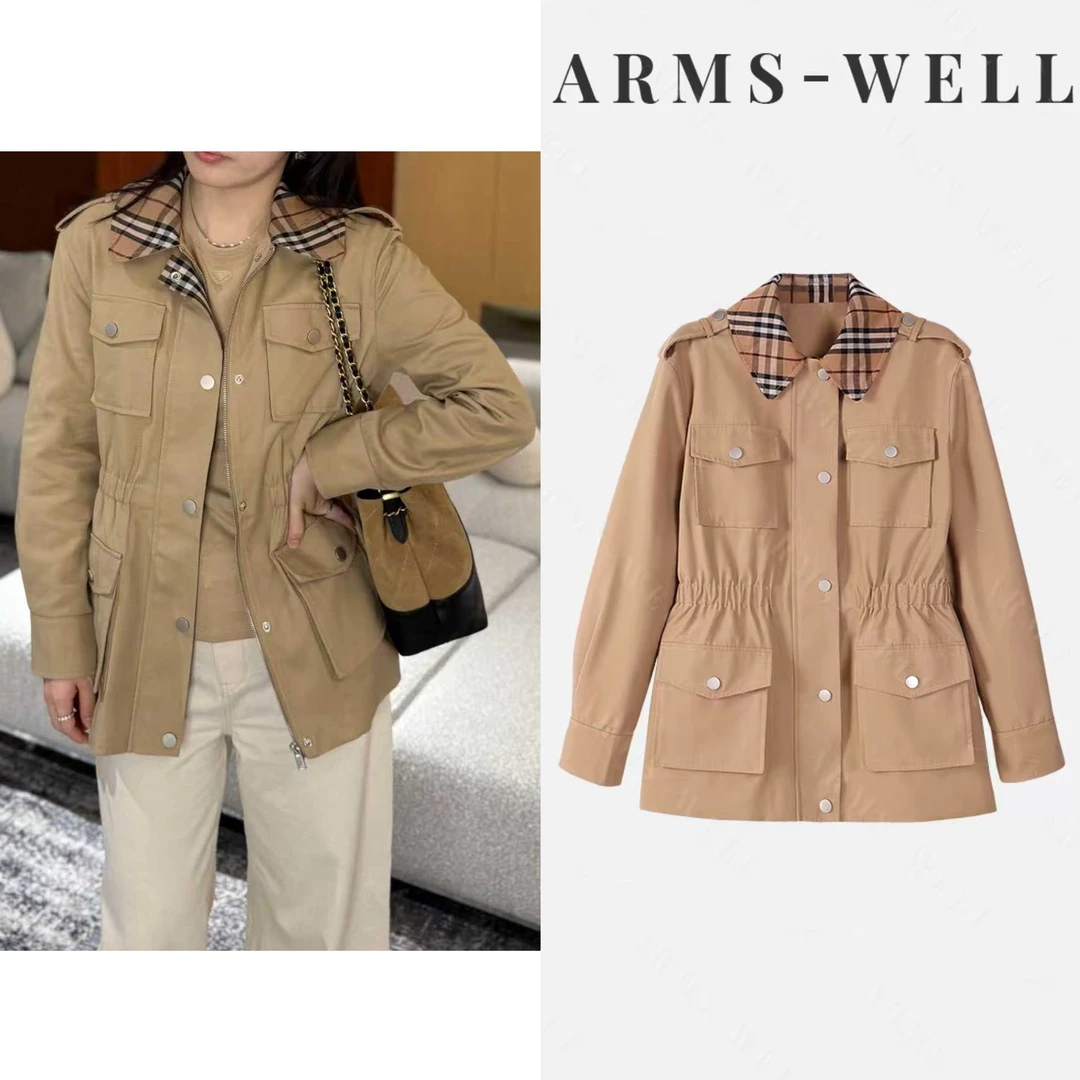 ARMS WELL王囡囡 卡其色格子收腰翻领外套 L34
