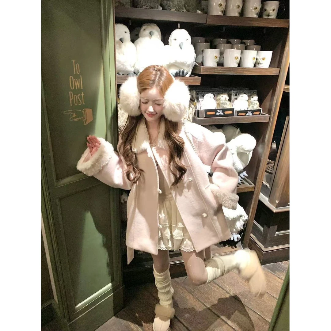 甜美可爱风女秋冬穿搭千金复古翻领双排扣系带中长款大衣QD86399