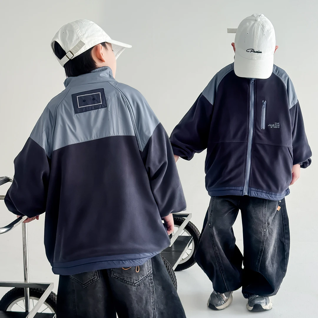 男童中大童秋冬款拼色摇粒绒外套时尚新款立领外套潮酷百搭上衣