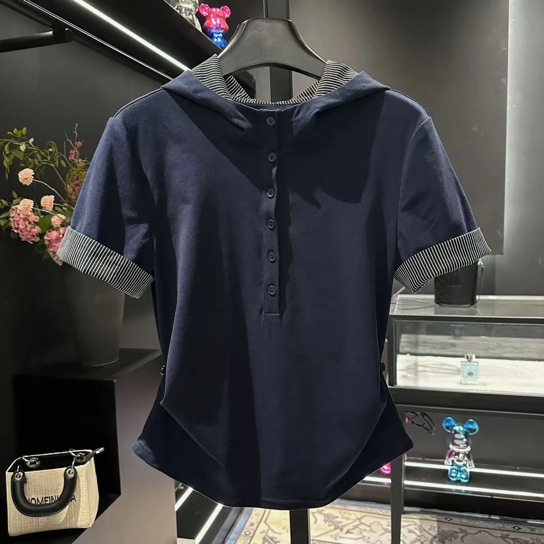 2025春季新款连帽修身撞色格纹拼接领短袖t恤女休闲百搭上衣潮