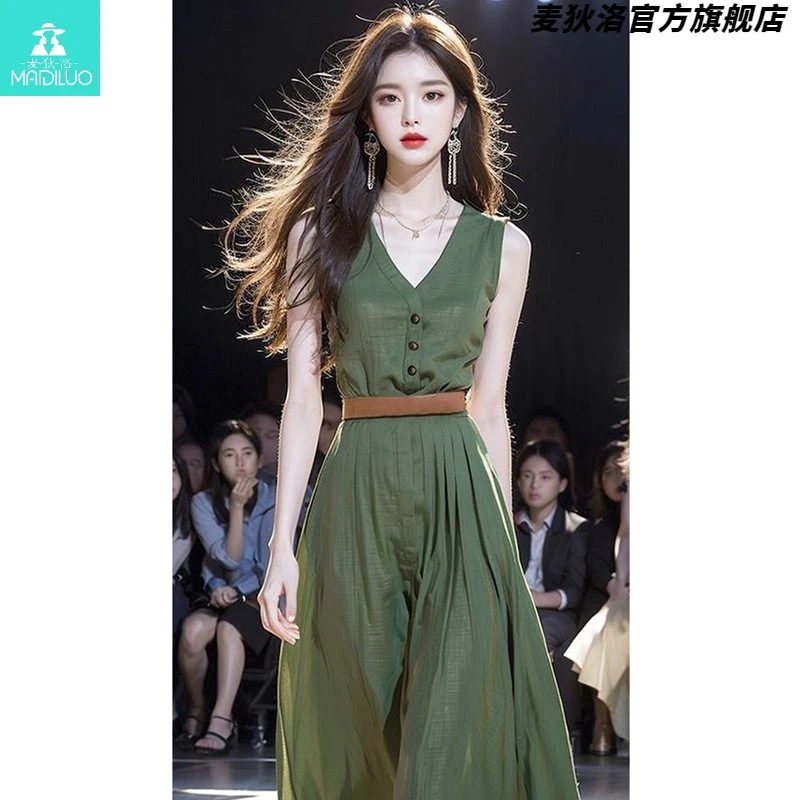 韩系穿搭甜美无袖收腰显瘦连衣裙女夏季新款时尚潮流精致长裙