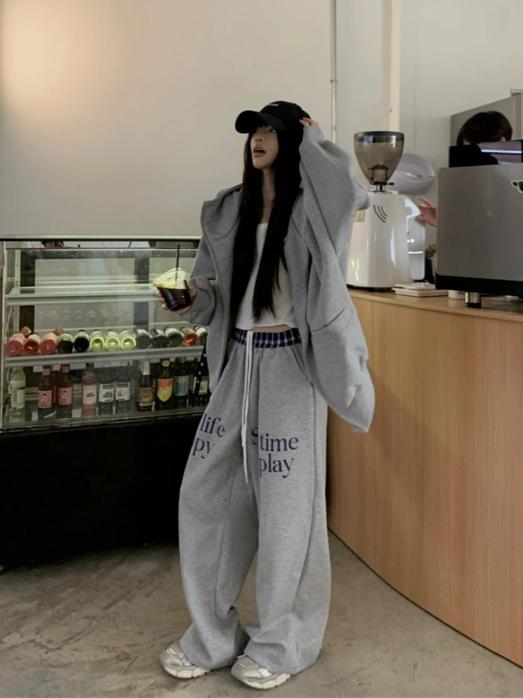 慵懒高级感休闲运动套装女秋冬季美式网红炸街连帽外套长裤两件套