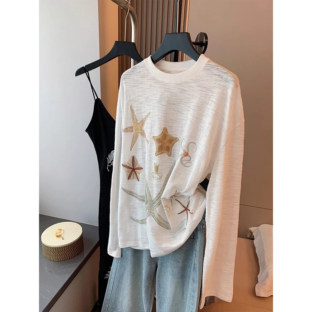 巨有质感！舒服!海星烫钻印花长袖T恤女夏慵懒风休闲显瘦宽松上衣