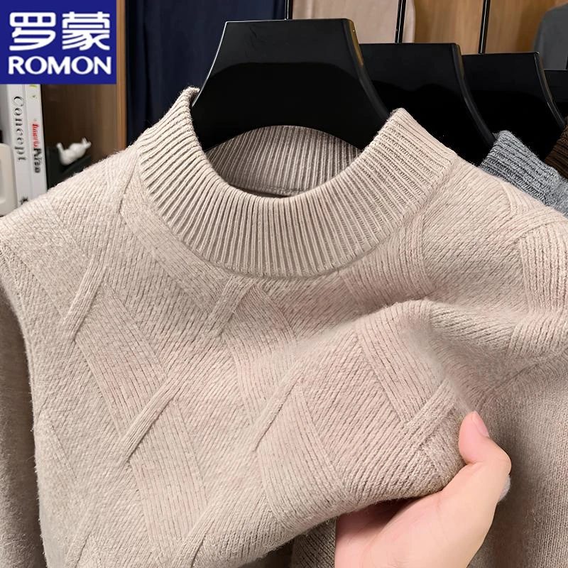 罗蒙100%纯羊毛针织衫秋冬男士商务百搭圆领提花羊毛衫内搭厚毛衣