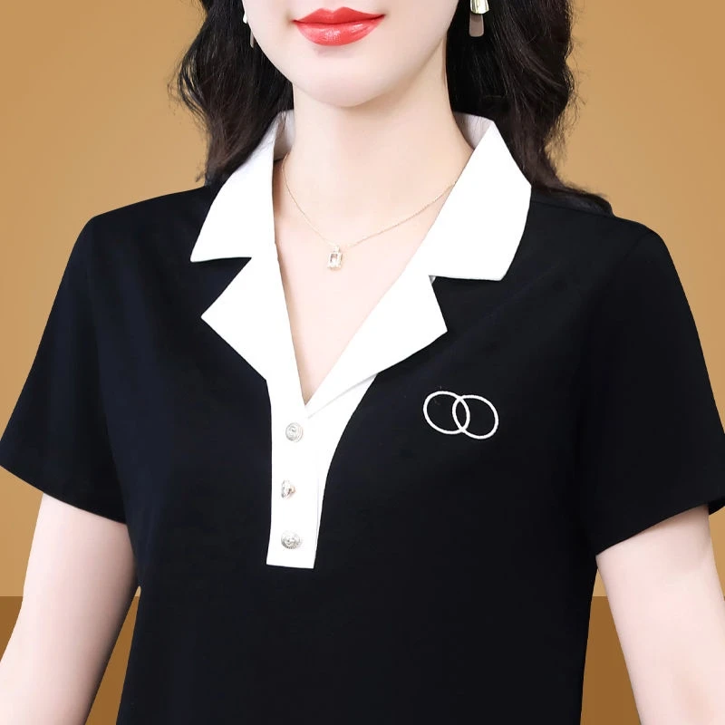 A20黑色妈妈翻领短袖t恤女夏季新款polo中年运动休闲上衣大码