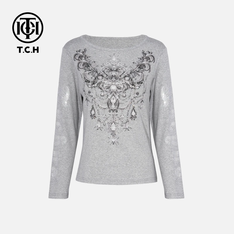 TCH轻奢烫钻工艺秋季时尚百搭圆领长袖t恤T75C08E9025私服tch