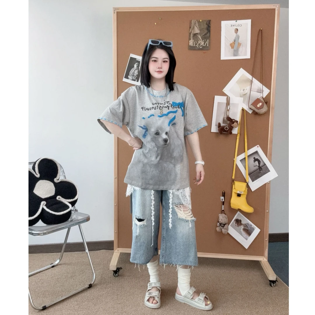 OoofYang2025夏季新款贵宾狗印花短袖T恤