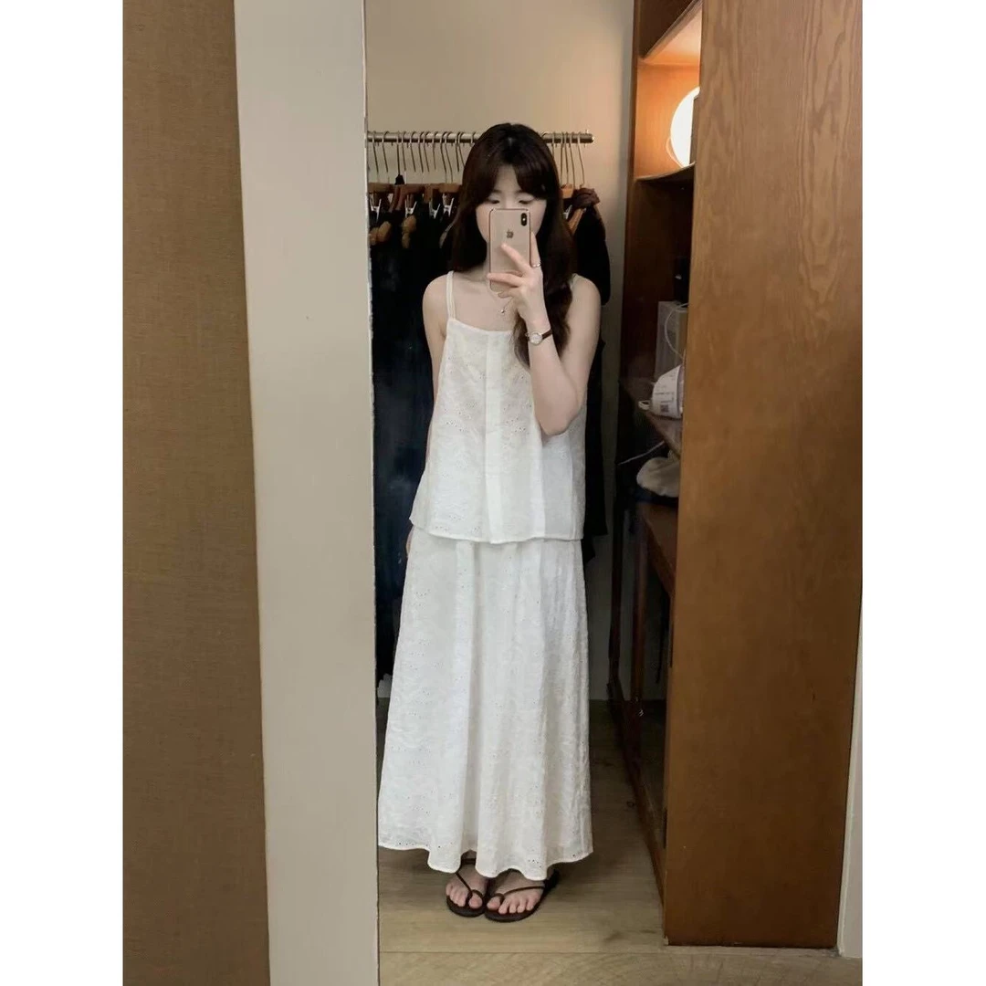 J-27110#抹茶#(两件套)精致小清新提花吊带小衫+显瘦百搭半身裙(