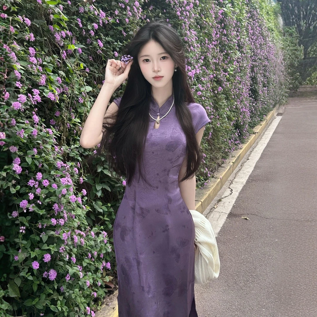 新中式国风高档改良提花短袖紫色显白旗袍2025年夏气质长款连衣裙