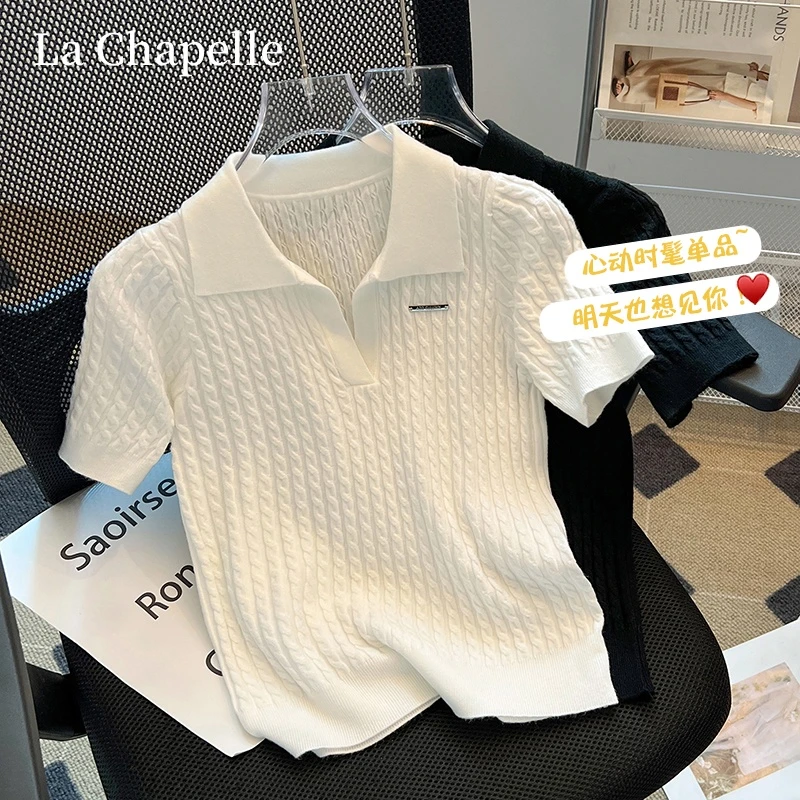 拉夏贝尔短款POLO领上衣女设计感修百搭身针织打底夏季新款短袖