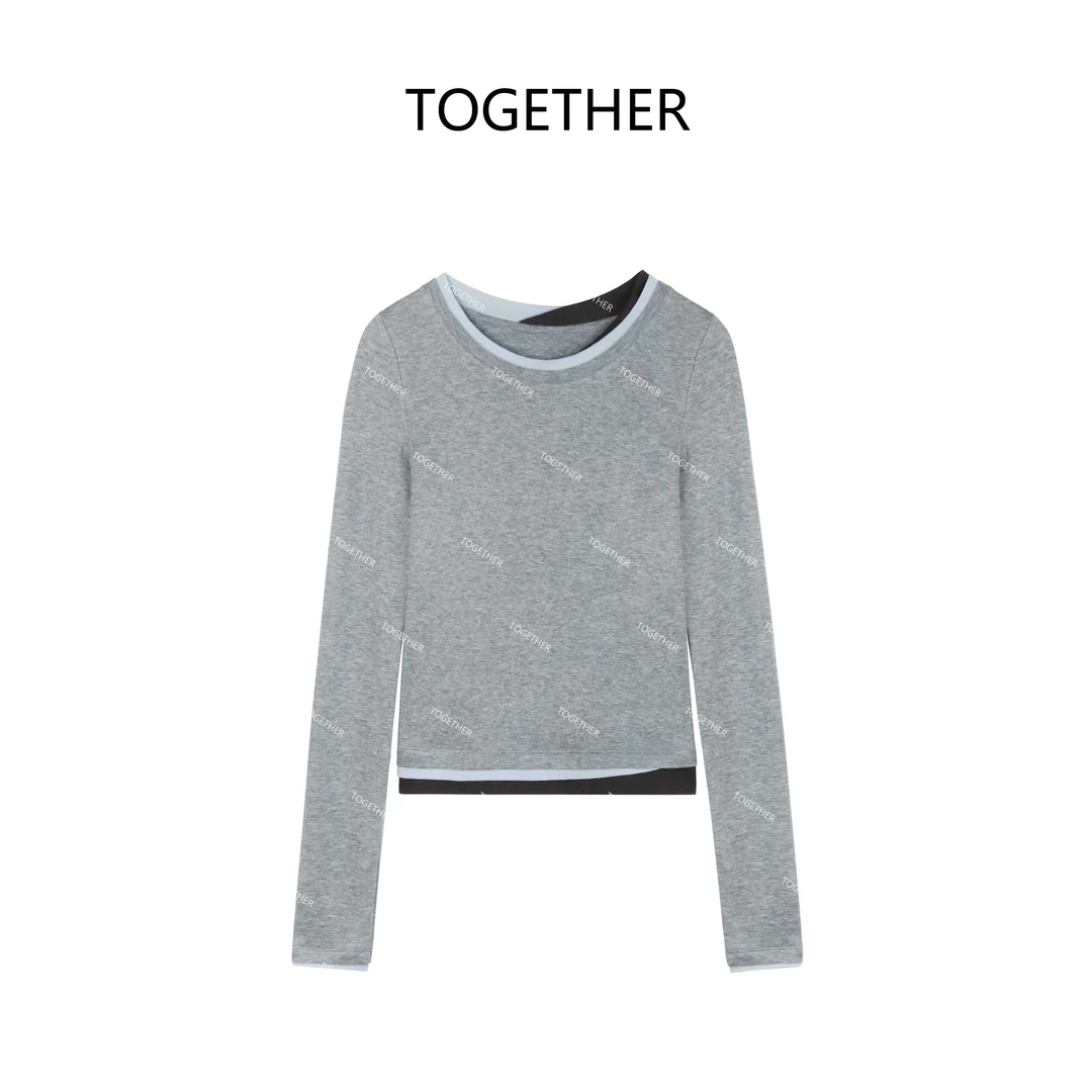 【ASIA BLUE】· 见溪 ·2025春季新款百搭圆领拼接撞色长袖上衣W6274