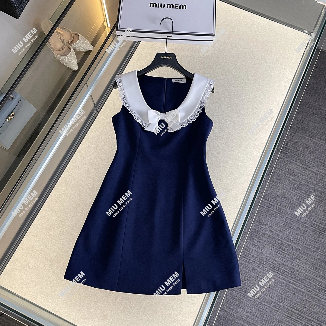 翻领花边领口蝴蝶结设计无袖连衣裙女DY6518
