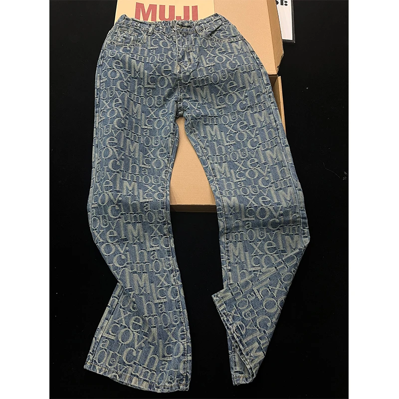 美式复古字母提花牛仔裤男款水洗微喇裤cleanfit高街宽松直筒长裤