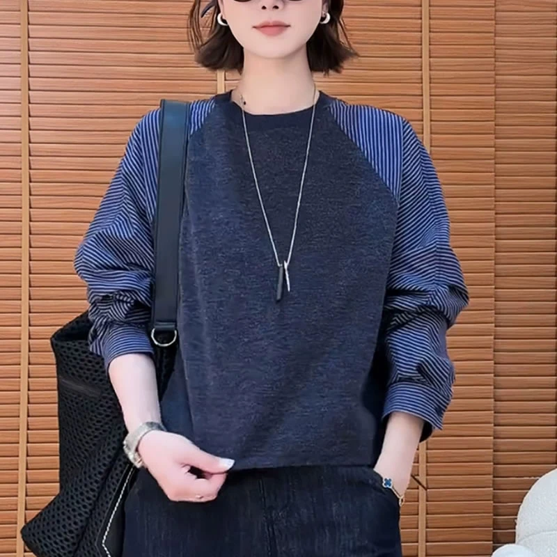 韩版拼接小众设计感假两件衬衫早秋新款轻薄条纹宽松大码百搭上衣