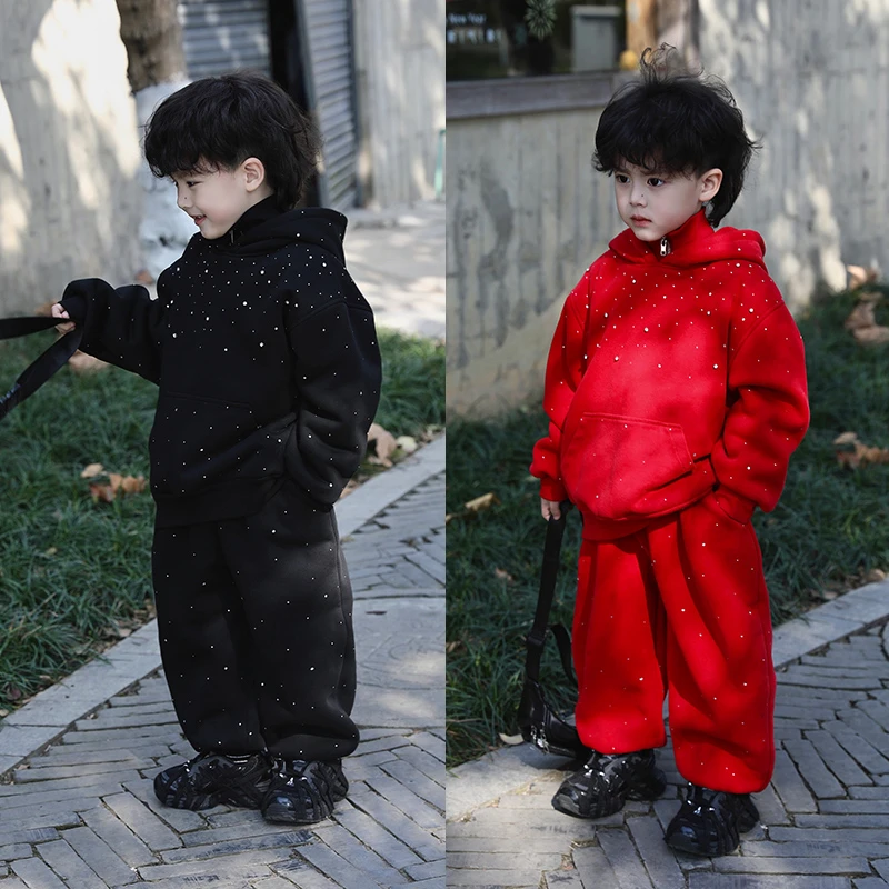 【现货】Jimmy妈童装 繁星点点冬季儿童加绒加厚烫钻连帽卫衣休闲裤
