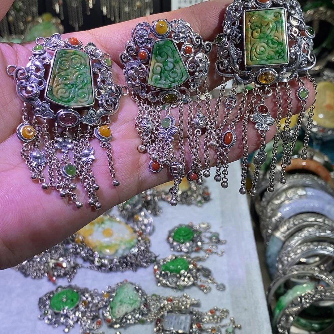 翡翠银S925镶嵌耳饰吊坠