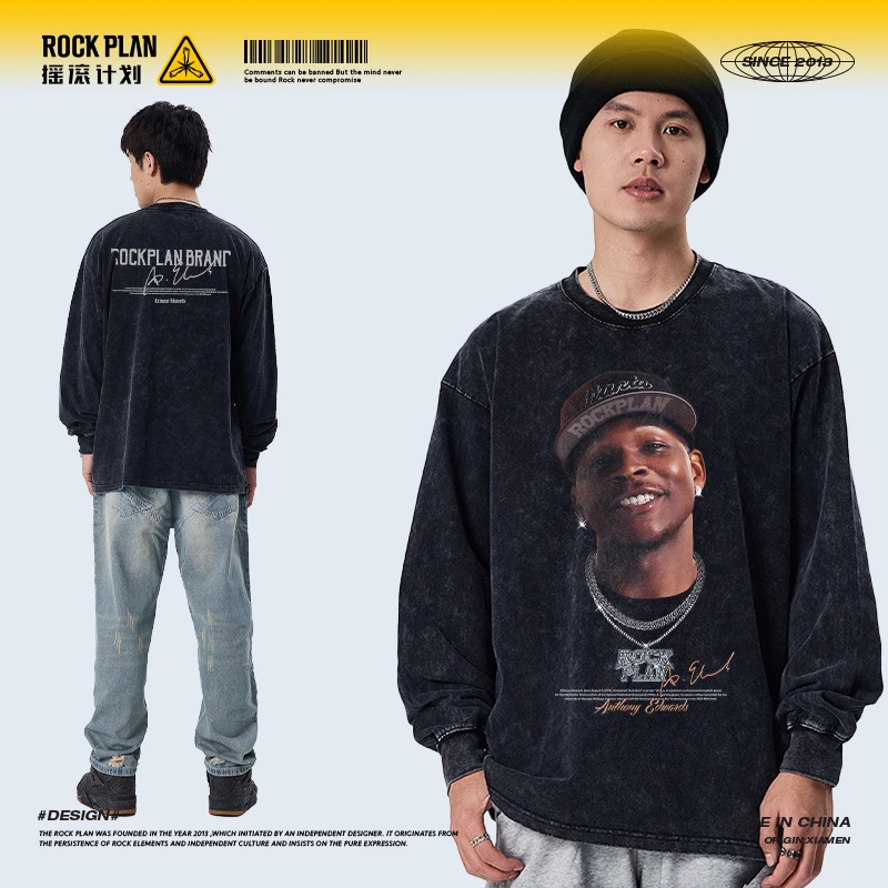 摇滚计划爱德华兹美式大头像美式做洗男女同款圆领纯棉长袖t恤