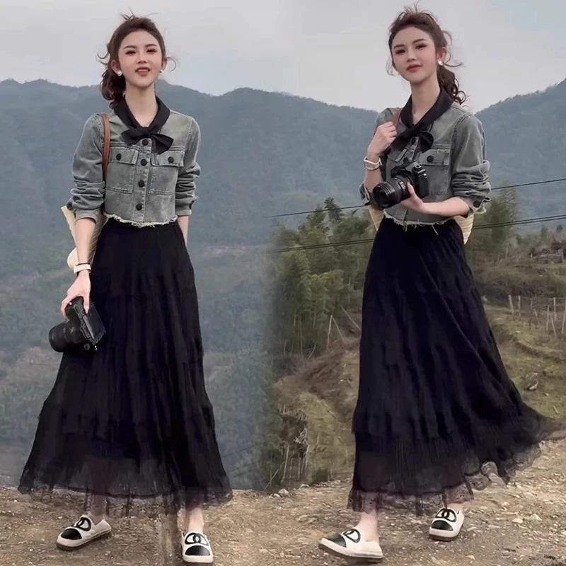 时尚套装女2025春季新款洋气显瘦减龄牛仔短外套网纱半身裙两件套