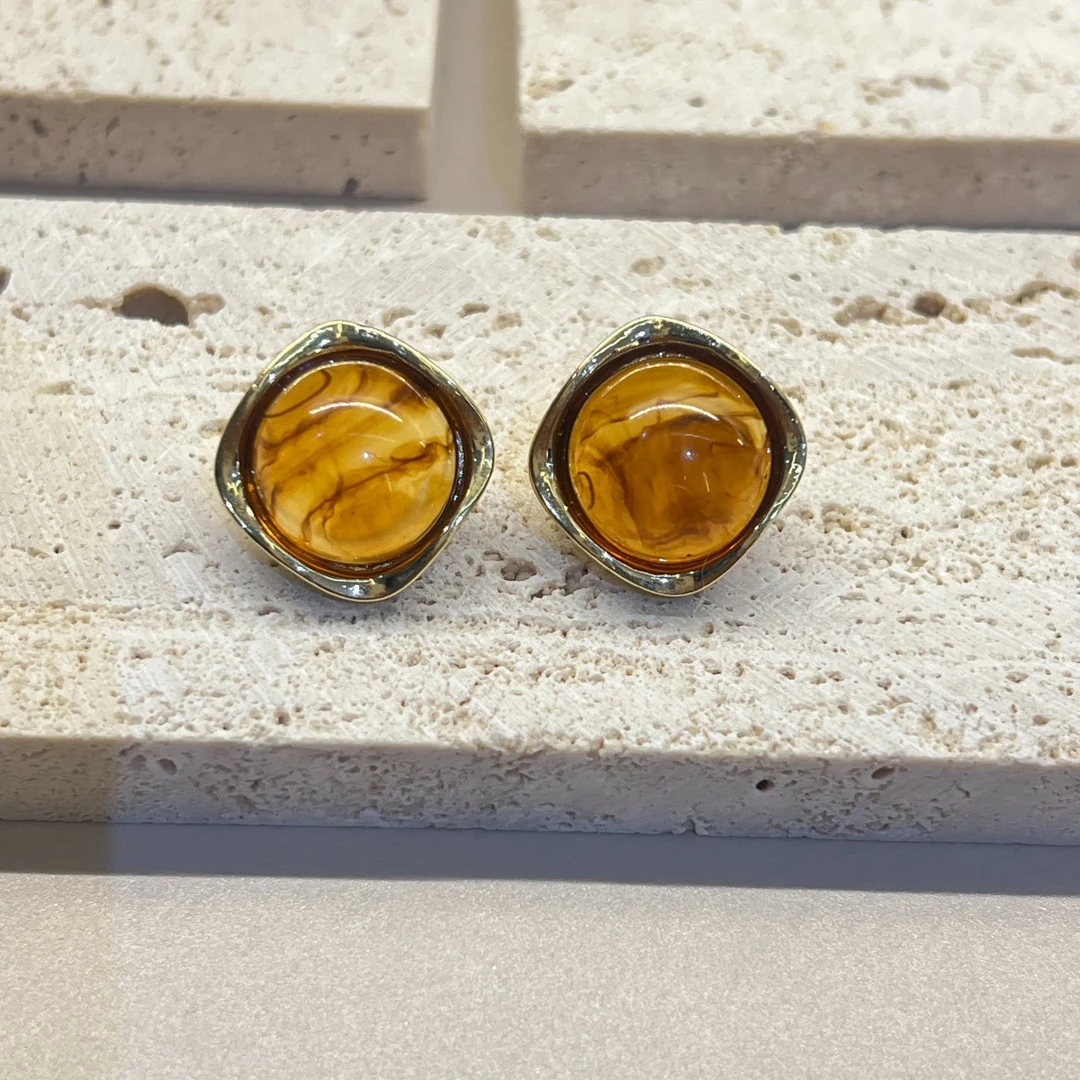 铜合金耳饰 耳饰耳钉方形美拉德琥轻奢气质时尚百搭复古小众法式