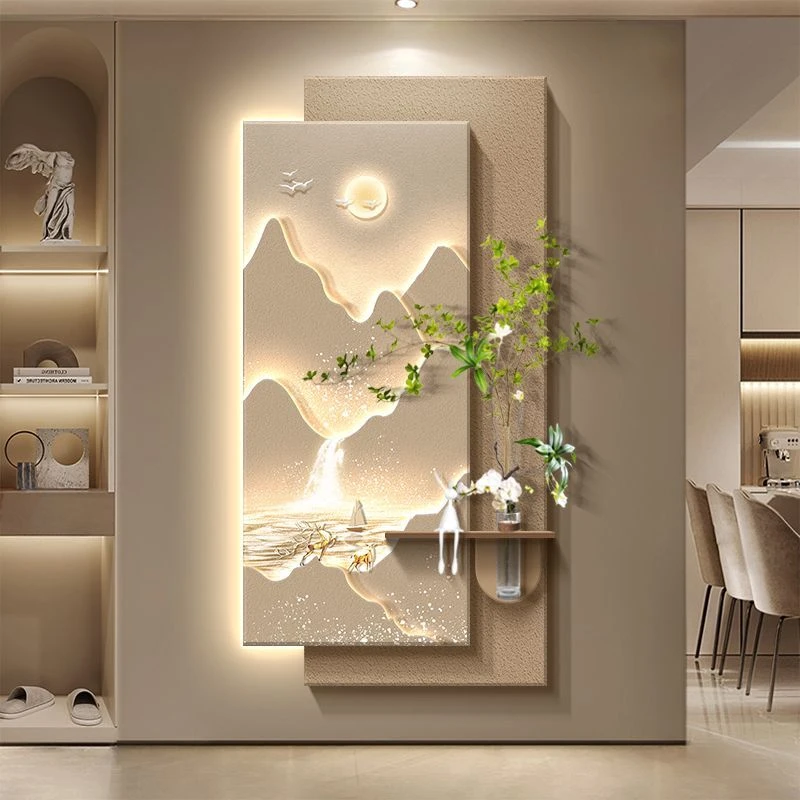 日照金山立体玄关装饰画入户正对门挂画造景奶油风客厅过道壁画灯