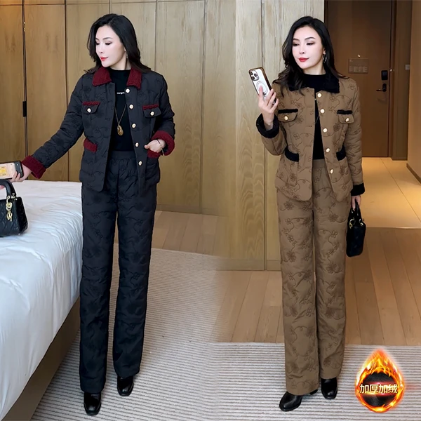 【季颜品牌】冬季新款加厚加绒气质显瘦休闲时尚小香风棉服套装63