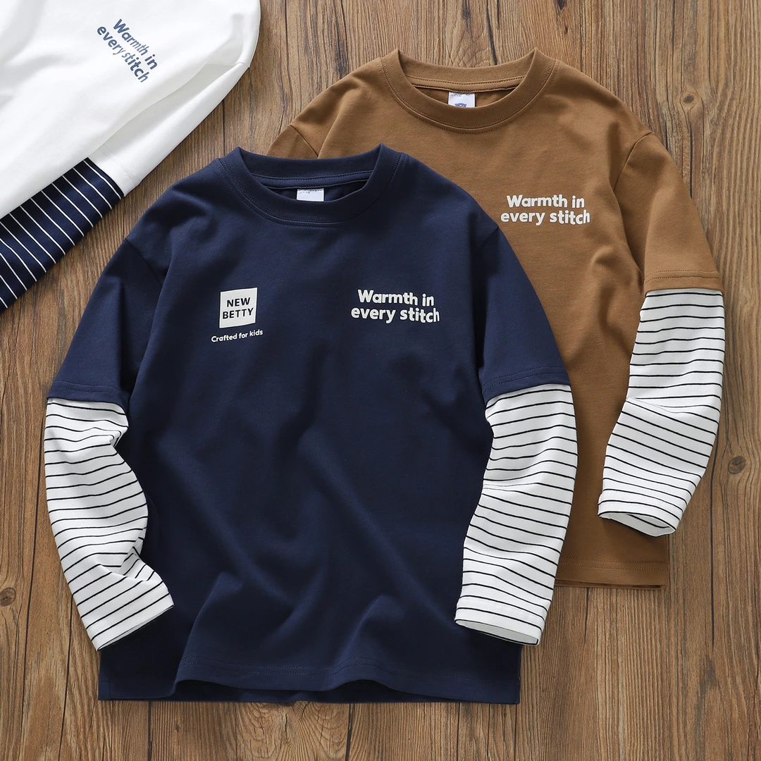 A类棉男童新款舒适假两件打底衫儿童宝宝大童帅气T恤春秋童装9