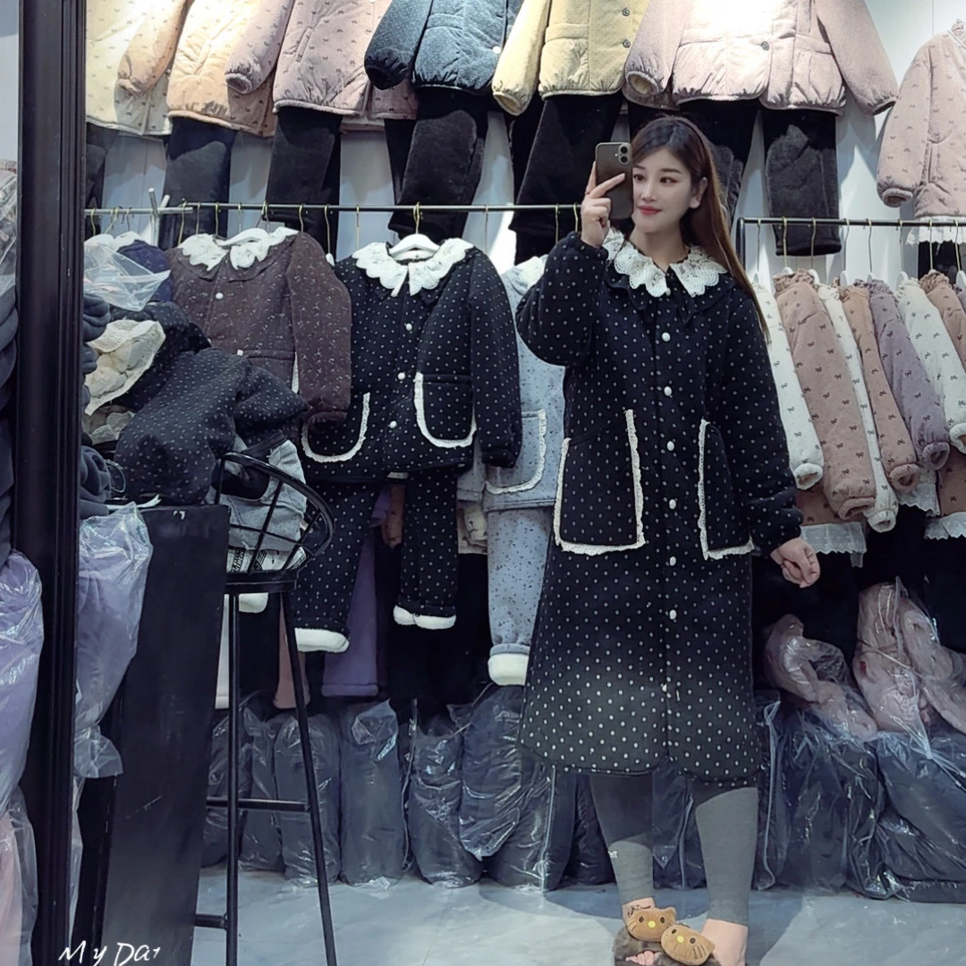 韩版秋冬网红气质双蕾丝领波点长款大衣三层厚款家居服