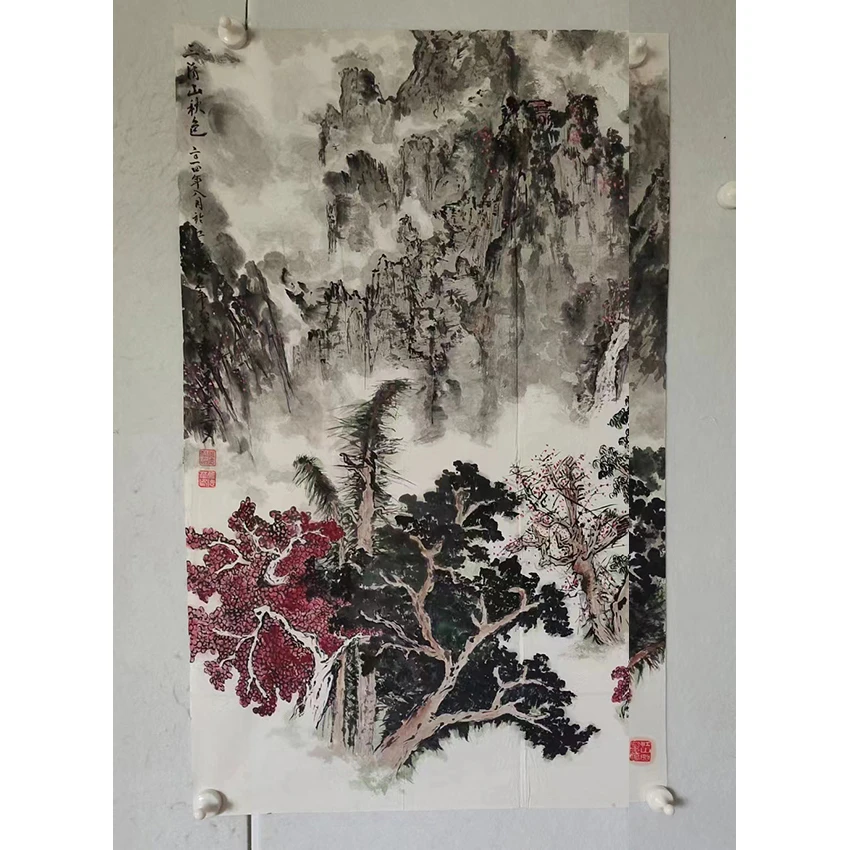 3491  多年前手绘老字画《三清山秋色》中堂  尺寸 88×74