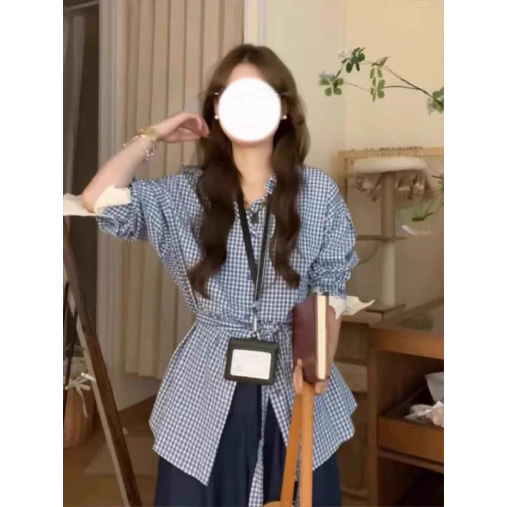 盐系小众设计感小众百搭格子衬衫2025春季新款绑带收腰小个子上衣