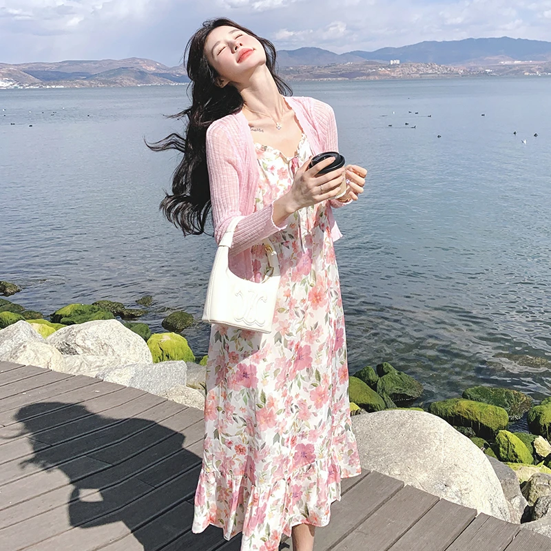 粉色超好看碎花吊带连衣裙套装女2025夏季法式针织开衫长裙两件套